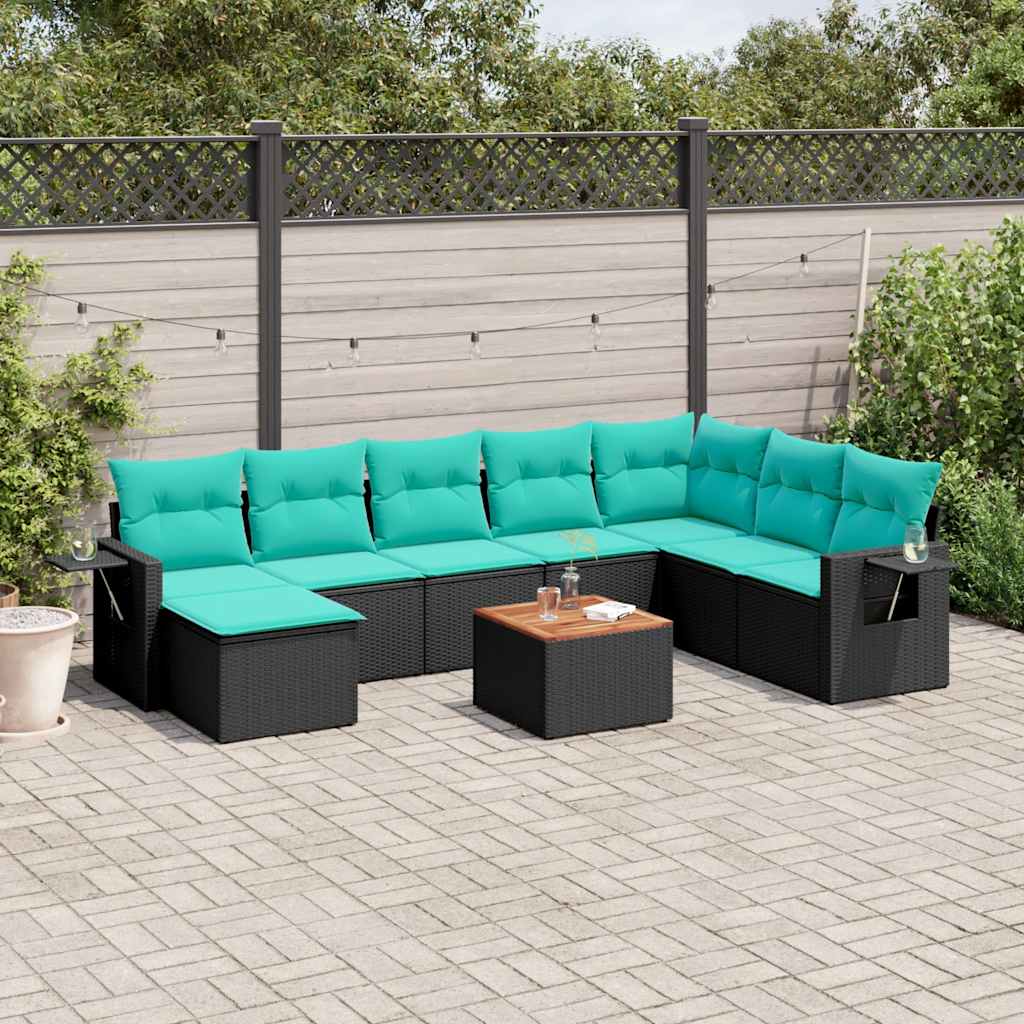 vidaXL 9-teiliges Gartensofa-Set mit Kissen, schwarzes Polyrattan