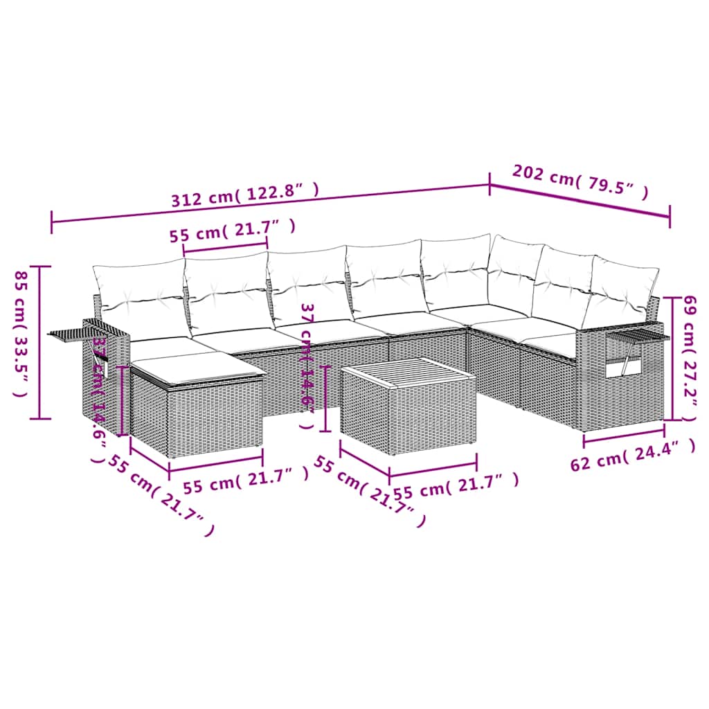 vidaXL 9-teiliges Gartensofa-Set mit Kissen, schwarzes Polyrattan