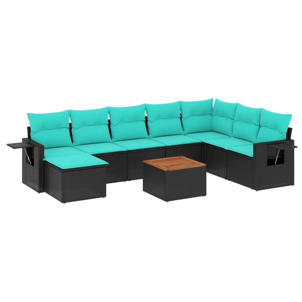 vidaXL 9-teiliges Gartensofa-Set mit Kissen, schwarzes Polyrattan