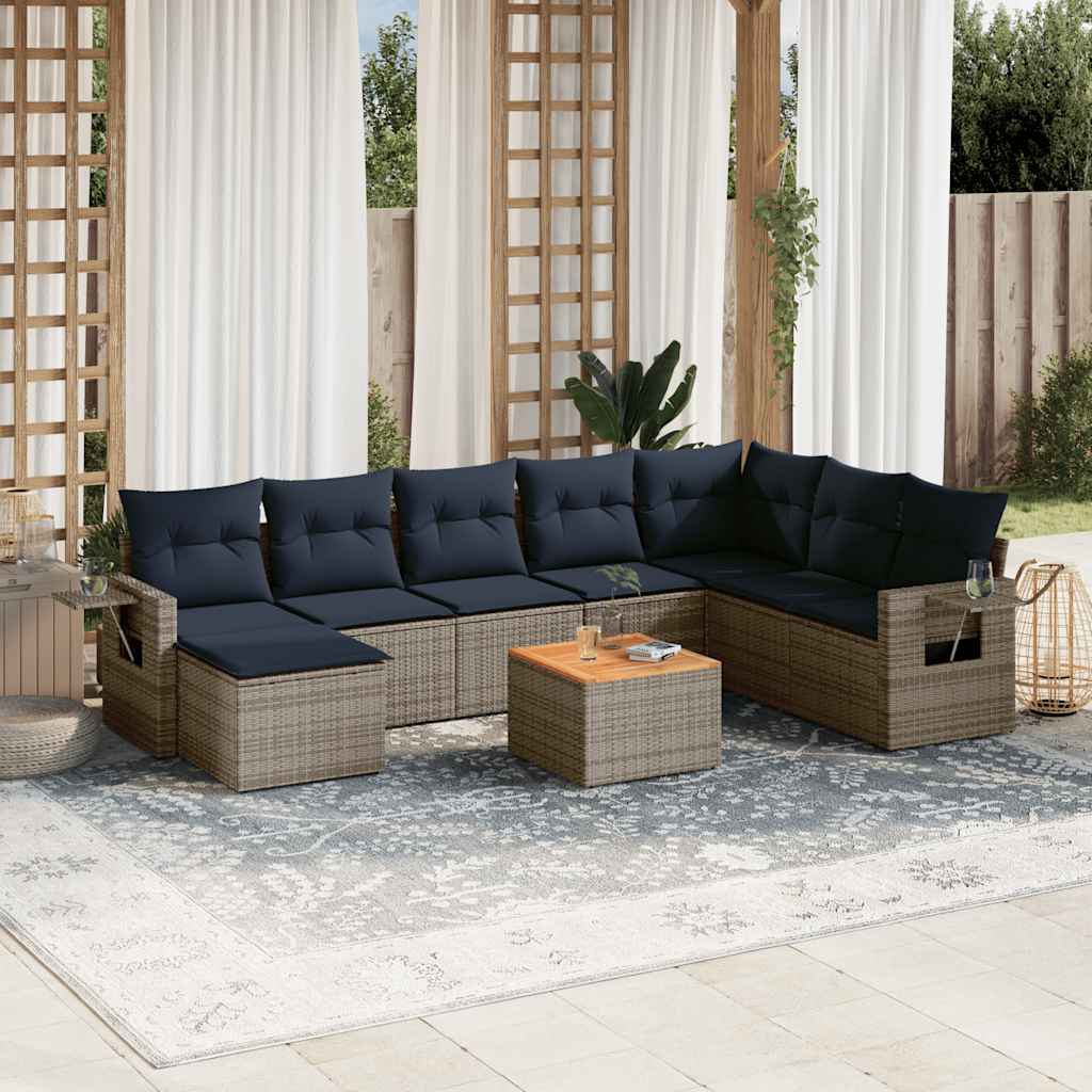 vidaXL 9-teiliges Gartensofa-Set mit Kissen, schwarzes Polyrattan