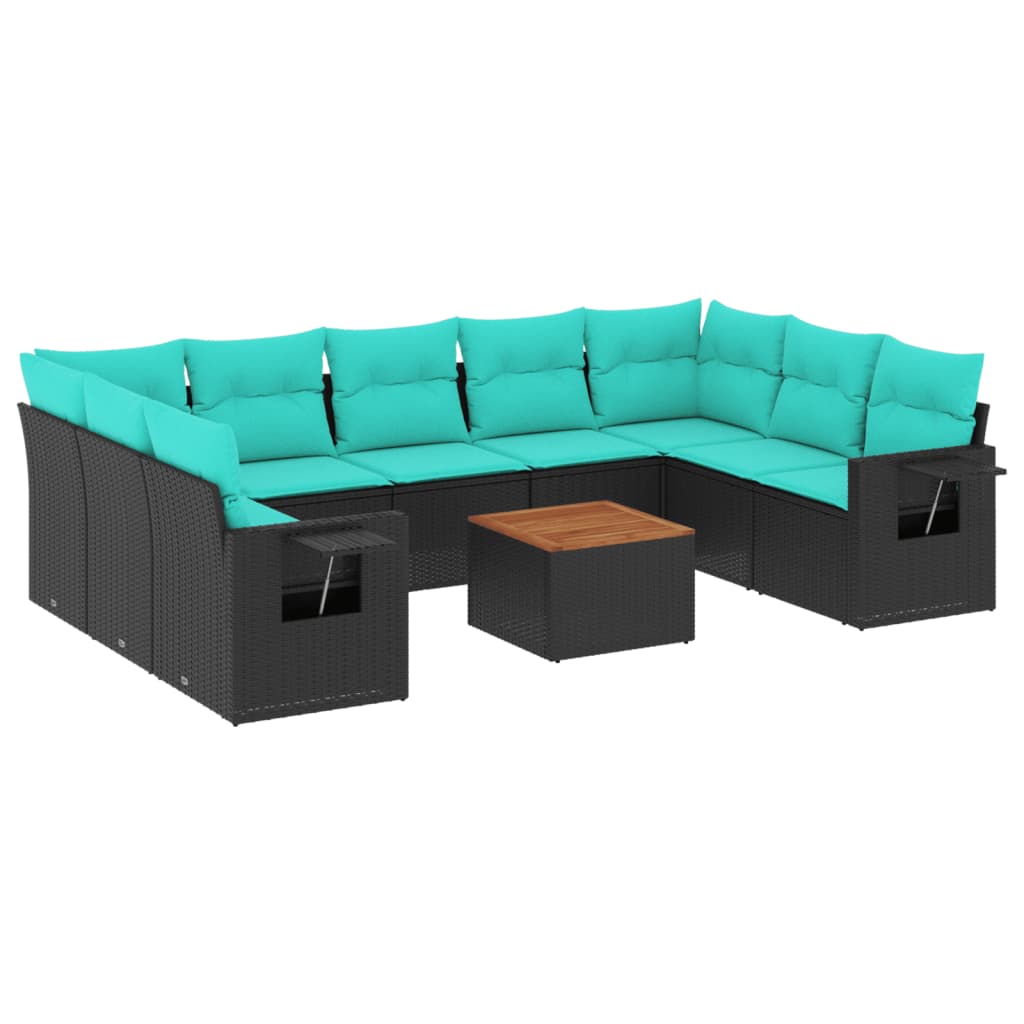 vidaXL 10-teiliges Gartensofa-Set mit Kissen, schwarzes Polyrattan