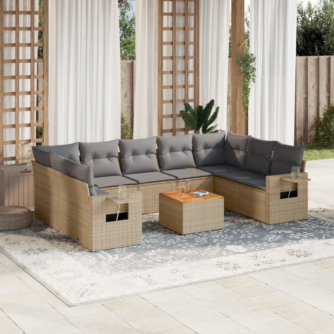 vidaXL 10-tlg. Garten-Sofagarnitur mit Kissen Schwarz Poly Rattan