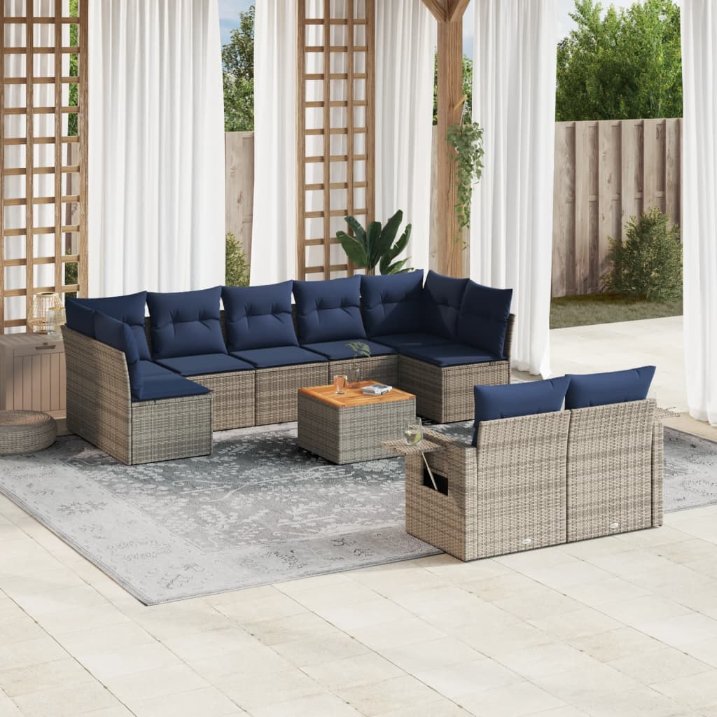 vidaXL 10-teiliges Gartensofa-Set mit Kissen, schwarzes Polyrattan