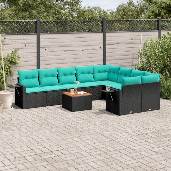 vidaXL 10-teiliges Gartensofa-Set mit Kissen, schwarzes Polyrattan