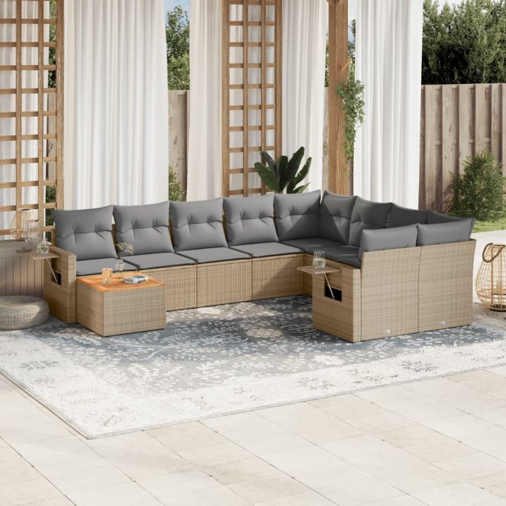 vidaXL 10-tlg. Garten-Sofagarnitur mit Kissen Schwarz Poly Rattan