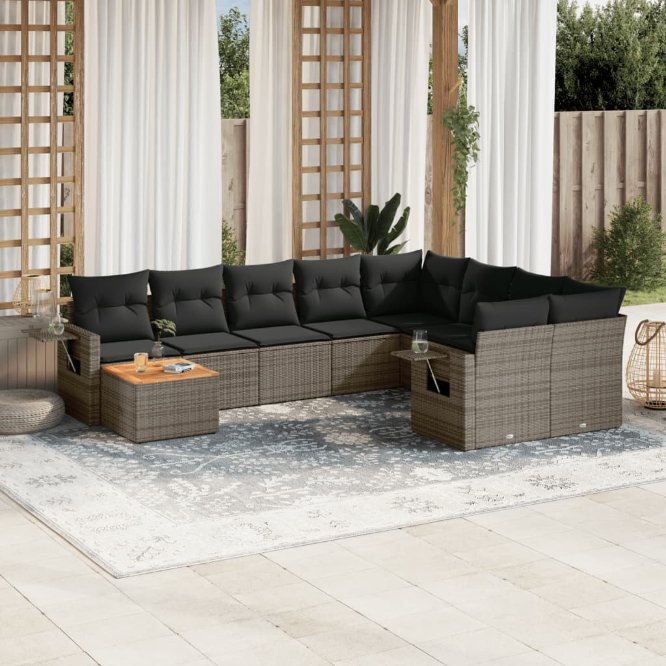 vidaXL 10-tlg. Garten-Sofagarnitur mit Kissen Schwarz Poly Rattan