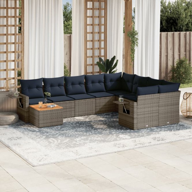 vidaXL 10-teiliges Gartensofa-Set mit Kissen, schwarzes Polyrattan