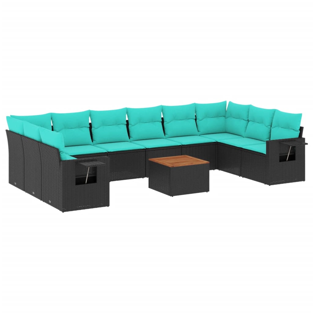 vidaXL 11-teiliges Gartensofa-Set mit Kissen, schwarzes Polyrattan