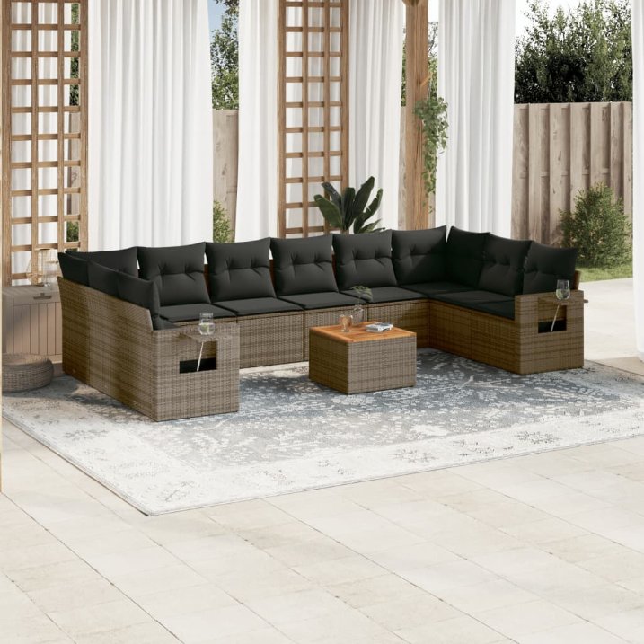 vidaXL 11-tlg. Garten-Sofagarnitur mit Kissen Schwarz Poly Rattan