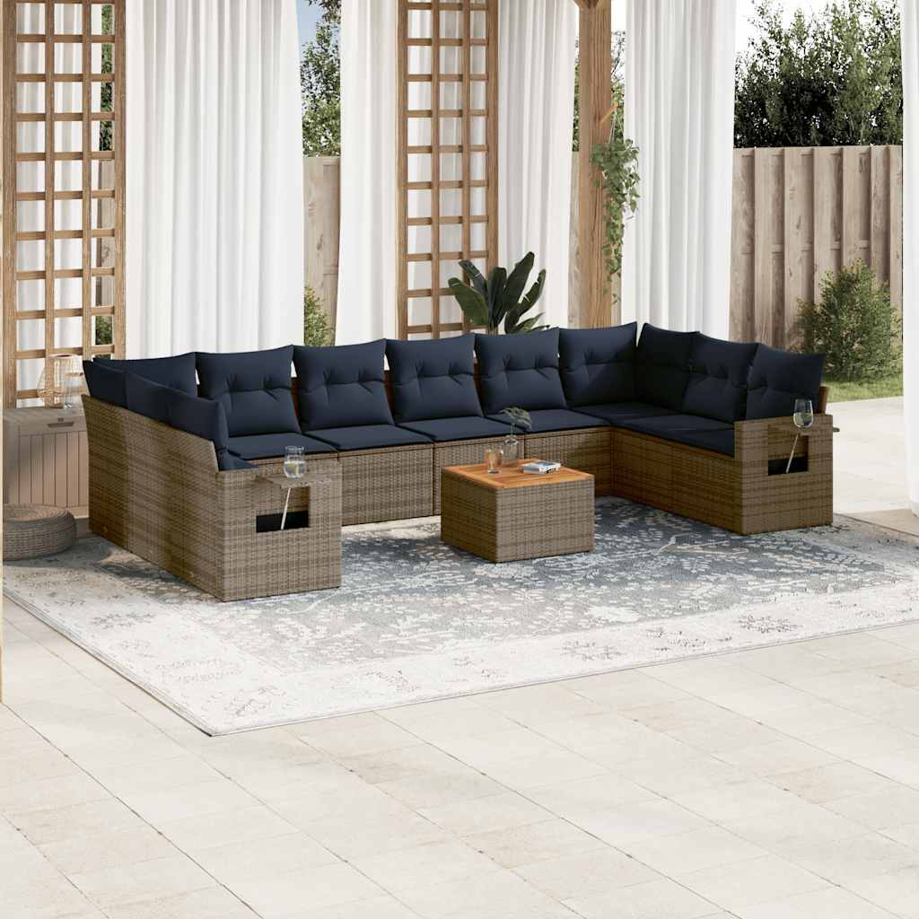 vidaXL 11-teiliges Gartensofa-Set mit Kissen, schwarzes Polyrattan