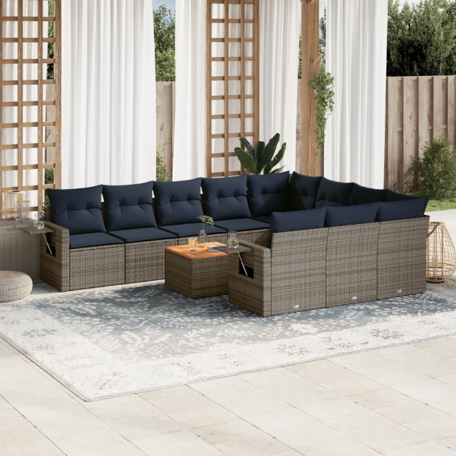 vidaXL 11-teiliges Gartensofa-Set mit Kissen, schwarzes Polyrattan