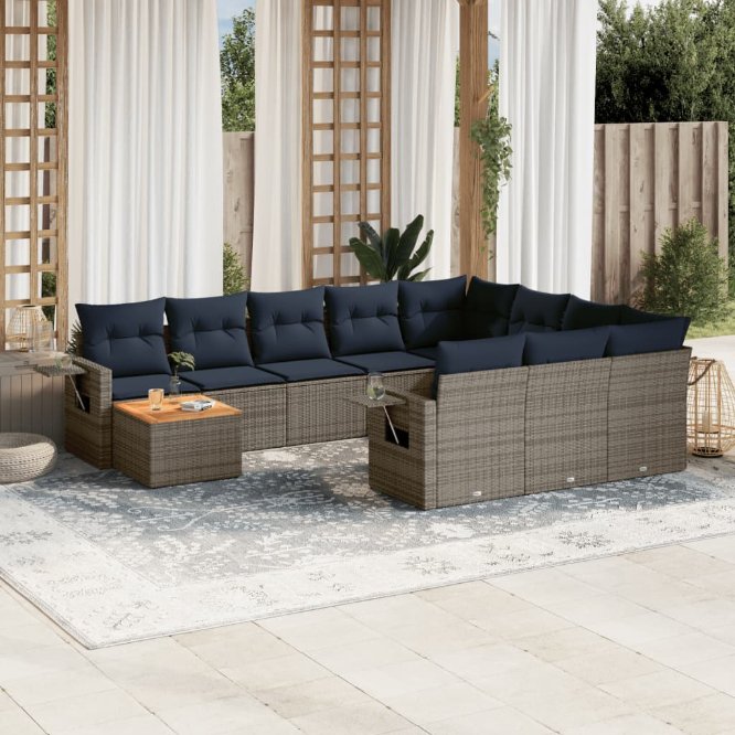 vidaXL 11-teiliges Gartensofa-Set mit Kissen, schwarzes Polyrattan