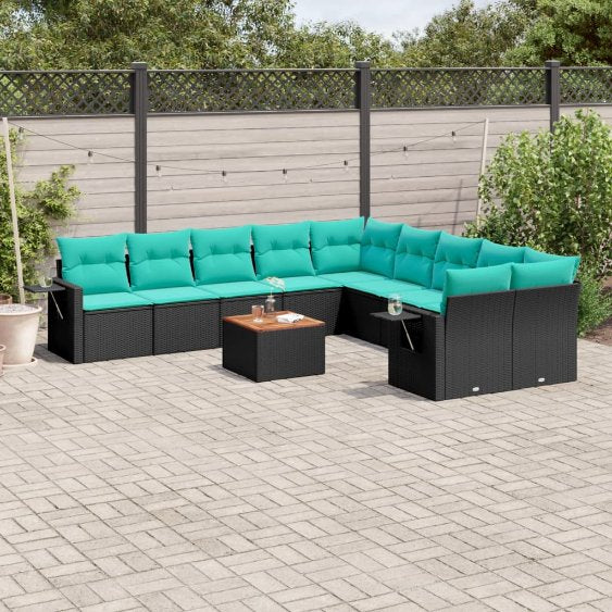 vidaXL 11-teiliges Gartensofa-Set mit Kissen, schwarzes Polyrattan