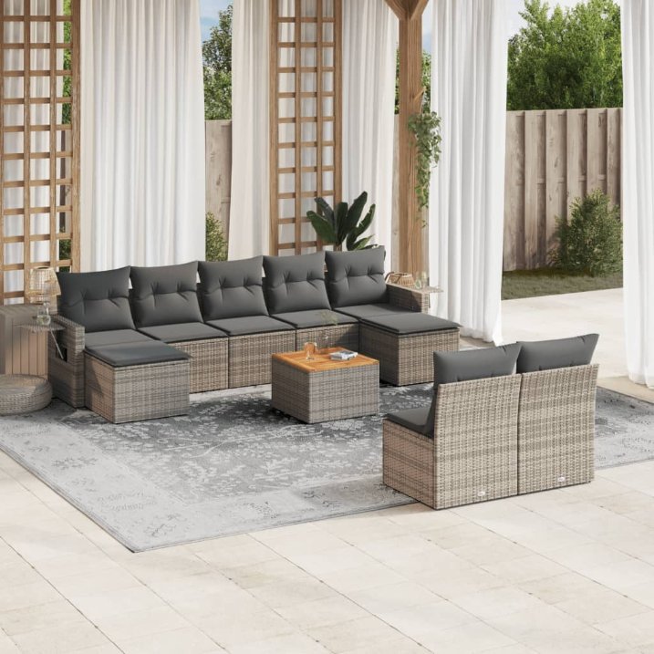 vidaXL 10-tlg. Garten-Sofagarnitur mit Kissen Schwarz Poly Rattan