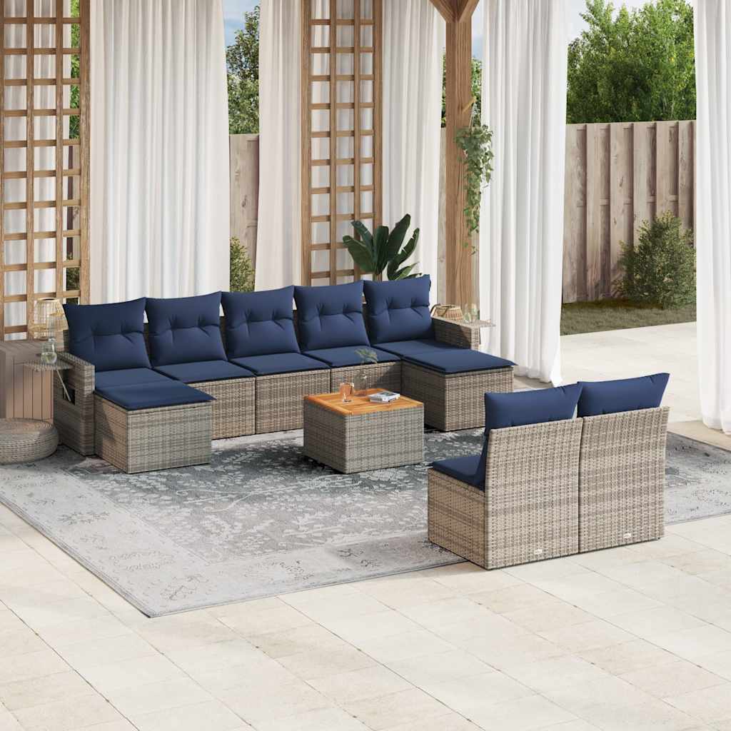 vidaXL 10-teiliges Gartensofa-Set mit Kissen, schwarzes Polyrattan