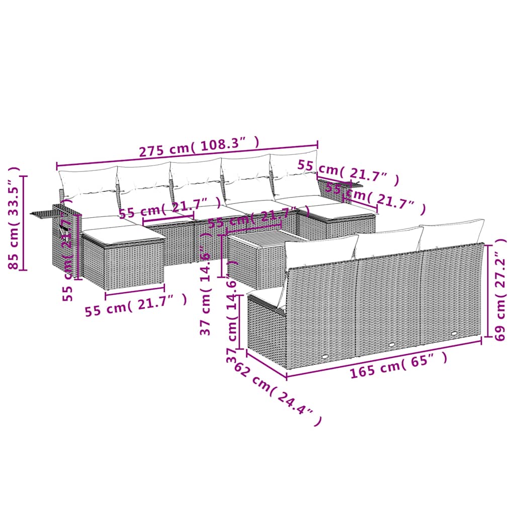 vidaXL 11-teiliges Gartensofa-Set mit Kissen, schwarzes Polyrattan