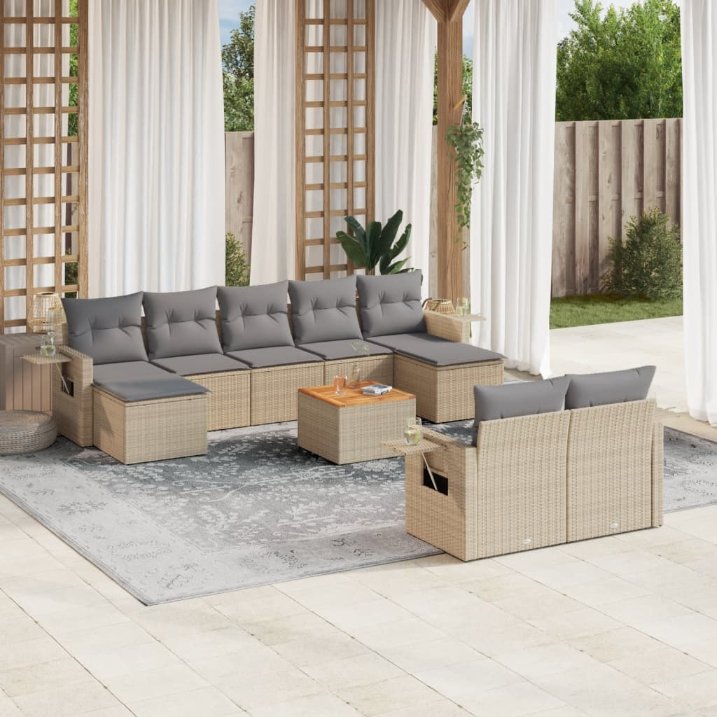 vidaXL 10-tlg. Garten-Sofagarnitur mit Kissen Schwarz Poly Rattan