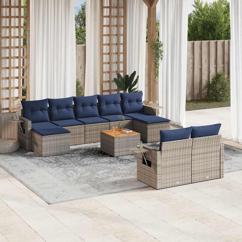 vidaXL 10-teiliges Gartensofa-Set mit Kissen, schwarzes Polyrattan