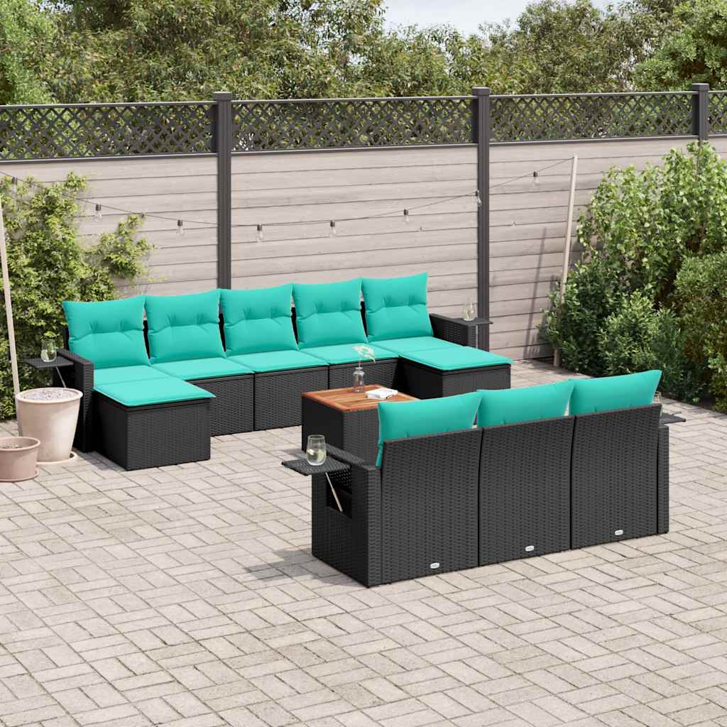 vidaXL 11-teiliges Gartensofa-Set mit Kissen, schwarzes Polyrattan