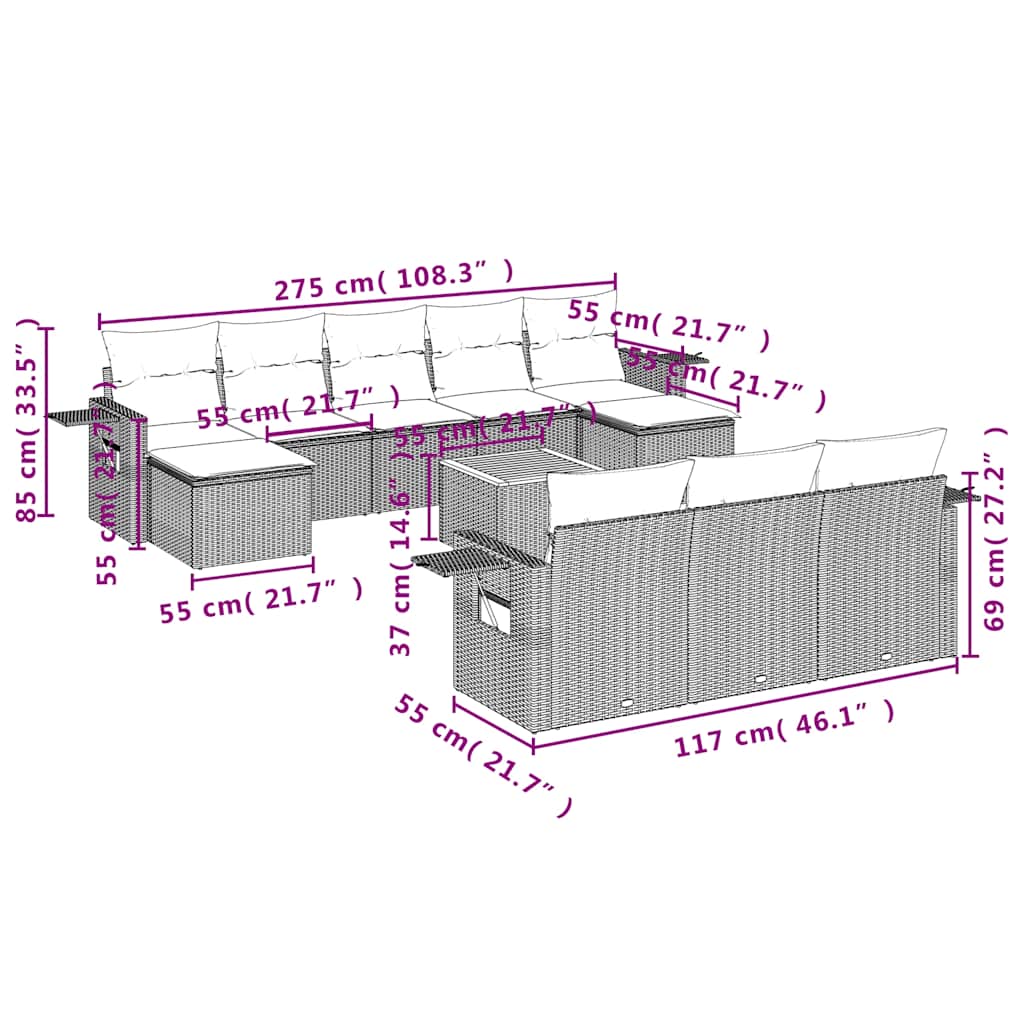 vidaXL 11-teiliges Gartensofa-Set mit Kissen, schwarzes Polyrattan