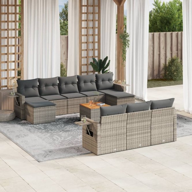 vidaXL 11-tlg. Garten-Sofagarnitur mit Kissen Schwarz Poly Rattan