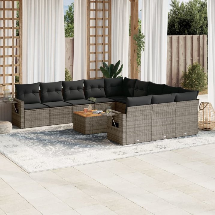 vidaXL 12-tlg. Garten-Sofagarnitur mit Kissen Schwarz Poly Rattan