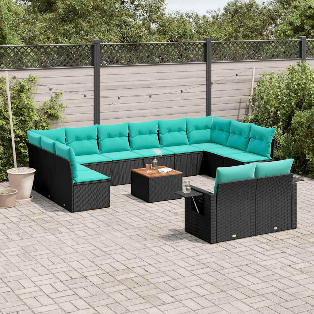 vidaXL 13-teiliges Gartensofa-Set mit Kissen, schwarzes Polyrattan