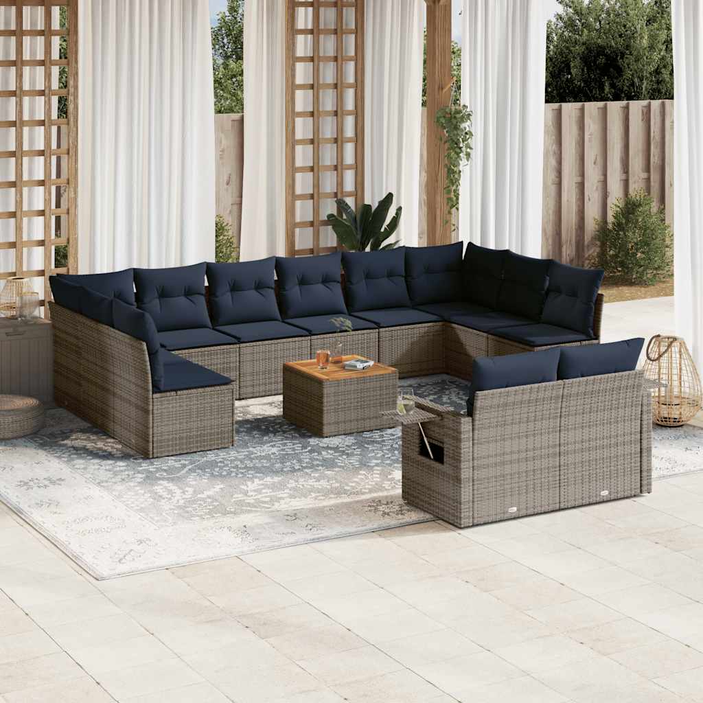 vidaXL 13-teiliges Gartensofa-Set mit Kissen, schwarzes Polyrattan