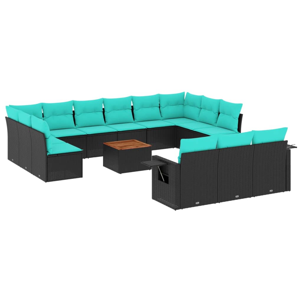 vidaXL 14-teiliges Gartensofa-Set mit Kissen, schwarzes Polyrattan