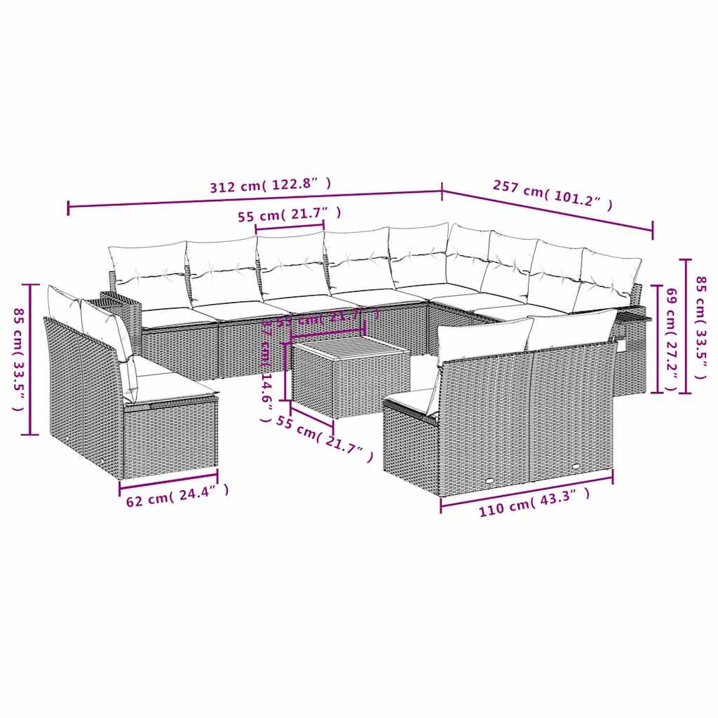 vidaXL 13-teiliges Gartensofa-Set mit Kissen, schwarzes Polyrattan