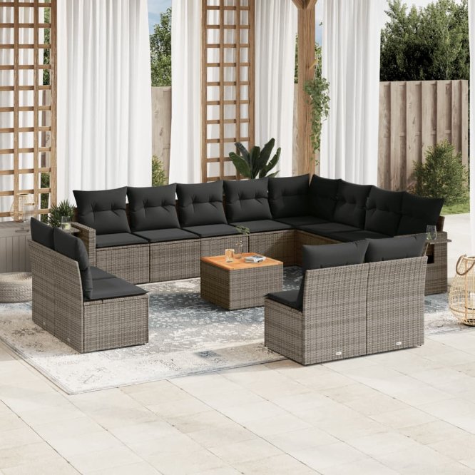 vidaXL 13-tlg. Garten-Sofagarnitur mit Kissen Schwarz Poly Rattan