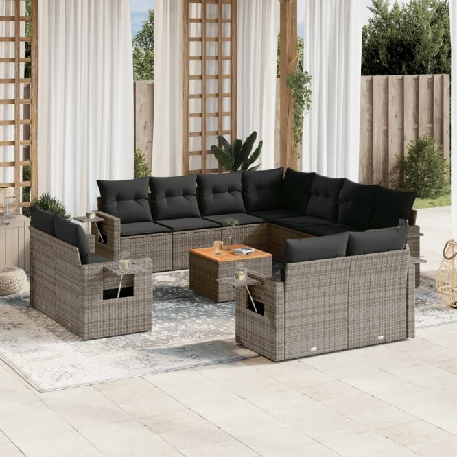 vidaXL 12-tlg. Garten-Sofagarnitur mit Kissen Schwarz Poly Rattan