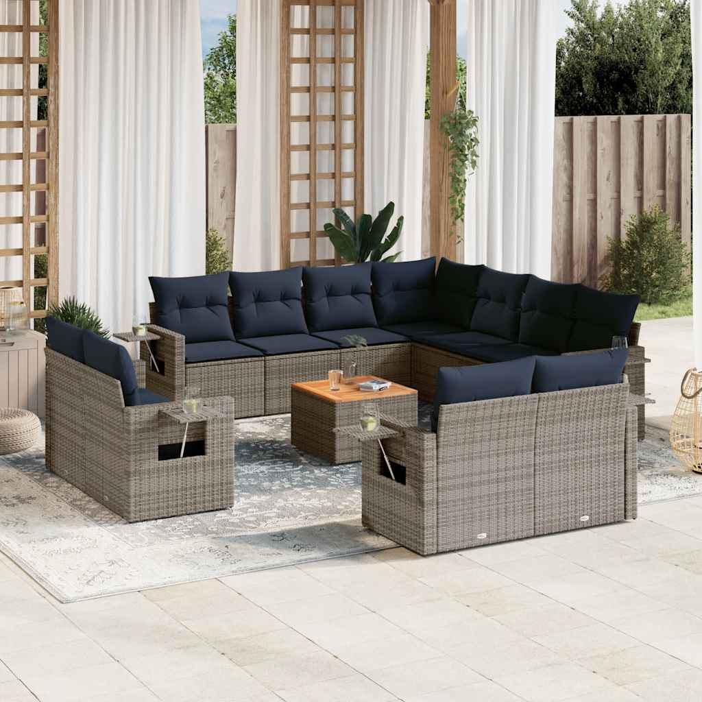 vidaXL 12-teiliges Gartensofa-Set mit Kissen, schwarzes Polyrattan