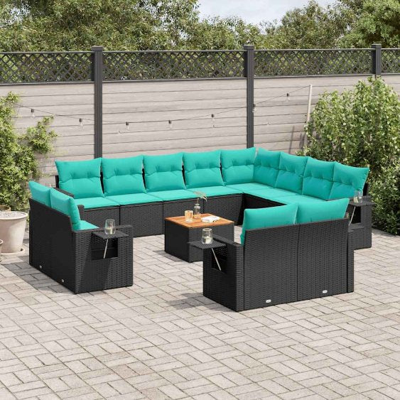 vidaXL 13-teiliges Gartensofa-Set mit Kissen, schwarzes Polyrattan
