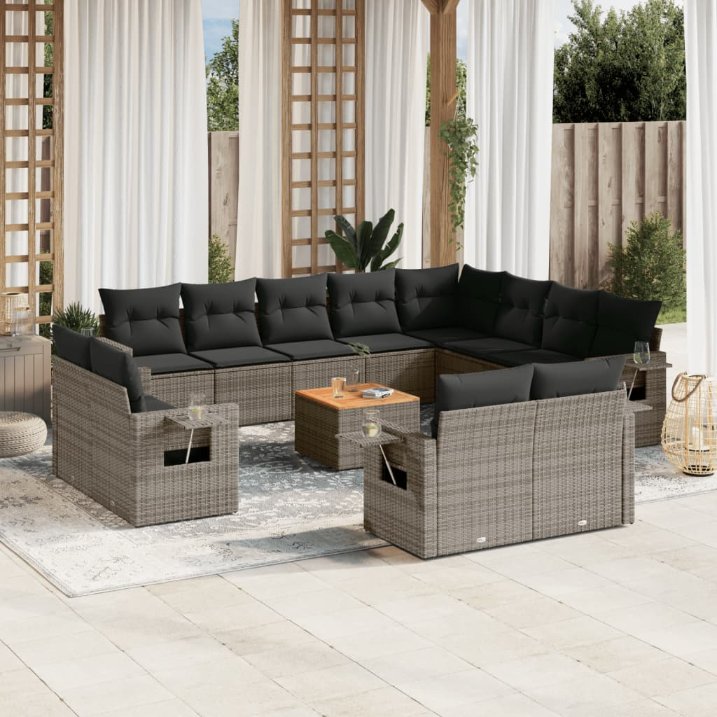 vidaXL 13-tlg. Garten-Sofagarnitur mit Kissen Schwarz Poly Rattan