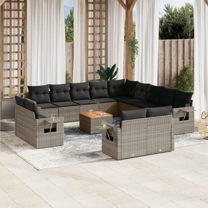 vidaXL 14-tlg. Garten-Sofagarnitur mit Kissen Schwarz Poly Rattan