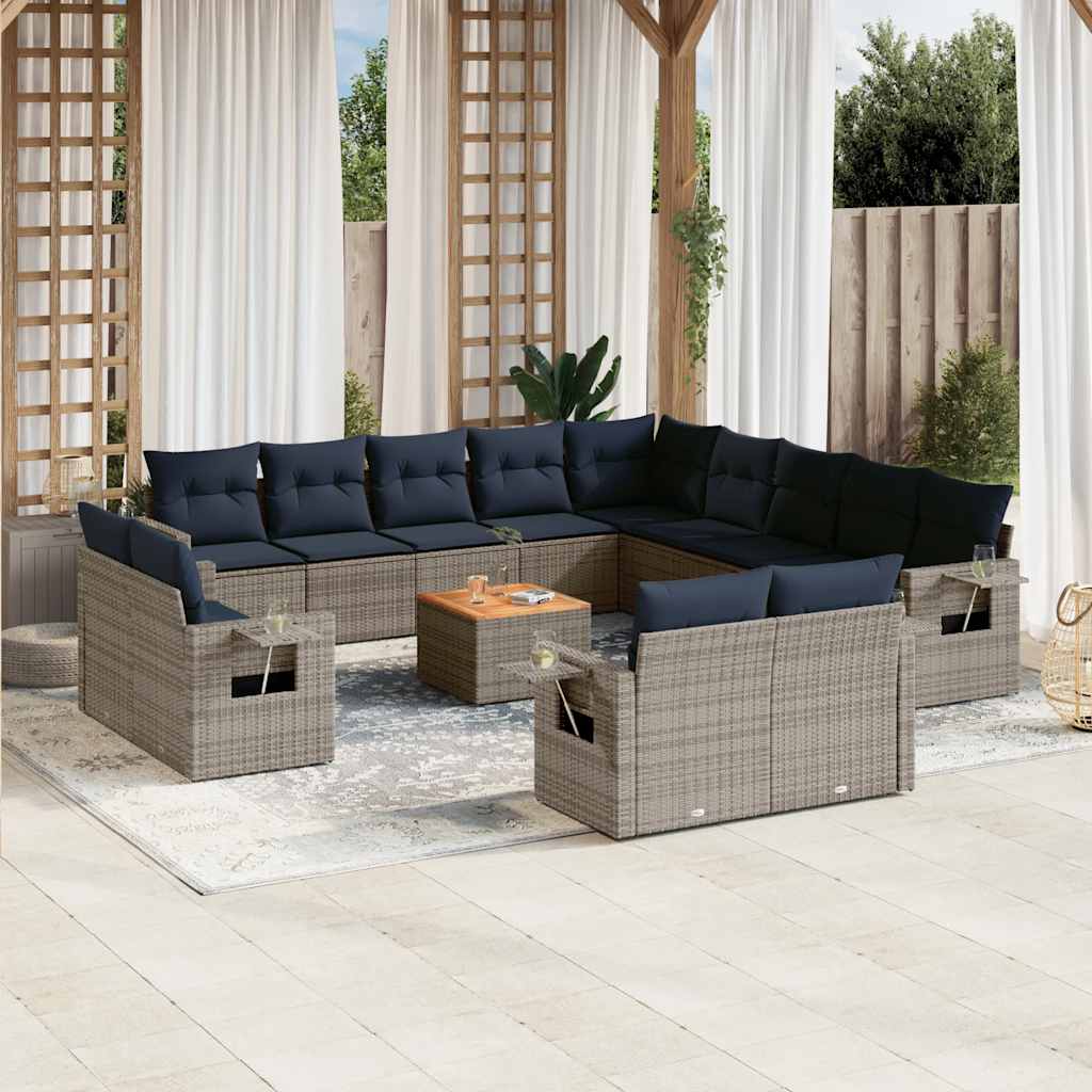 vidaXL 14-teiliges Gartensofa-Set mit Kissen, schwarzes Polyrattan