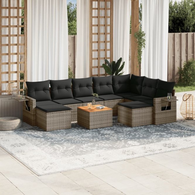 vidaXL 10-tlg. Garten-Sofagarnitur mit Kissen Schwarz Poly Rattan