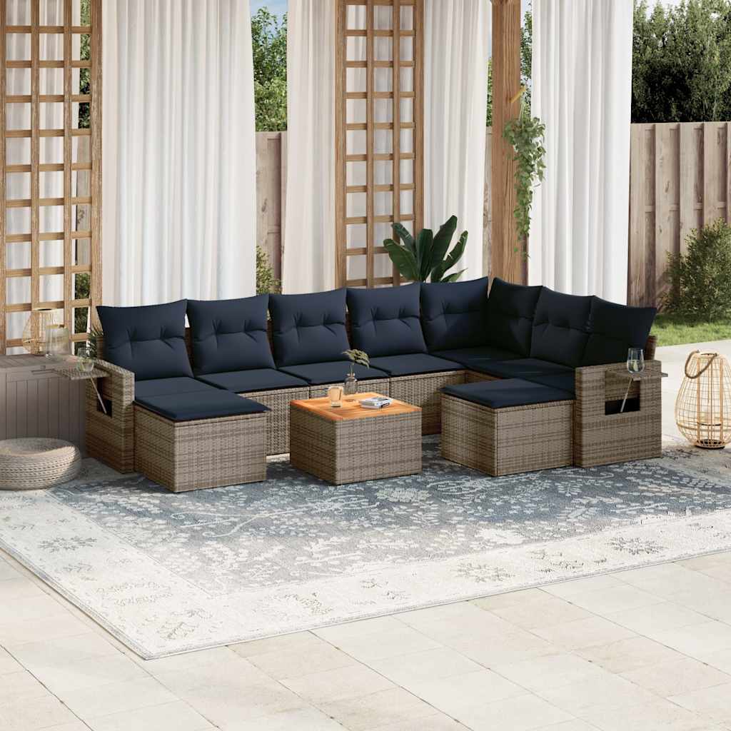 vidaXL 10-teiliges Gartensofa-Set mit Kissen, schwarzes Polyrattan
