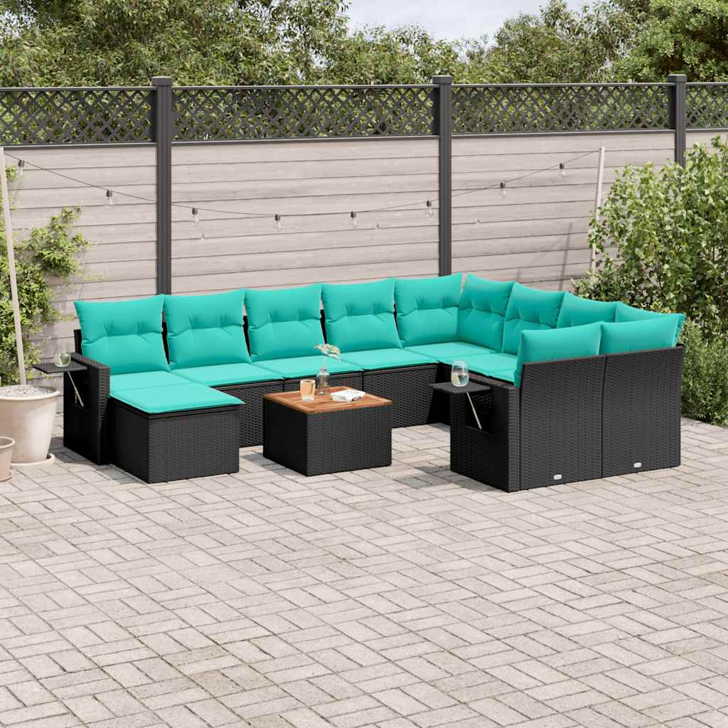 vidaXL 11-teiliges Gartensofa-Set mit Kissen, schwarzes Polyrattan