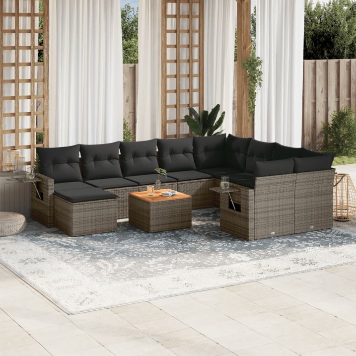 vidaXL 11-tlg. Garten-Sofagarnitur mit Kissen Schwarz Poly Rattan