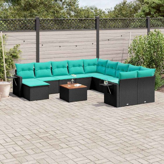 vidaXL 12-teiliges Gartensofa-Set mit Kissen, schwarzes Polyrattan