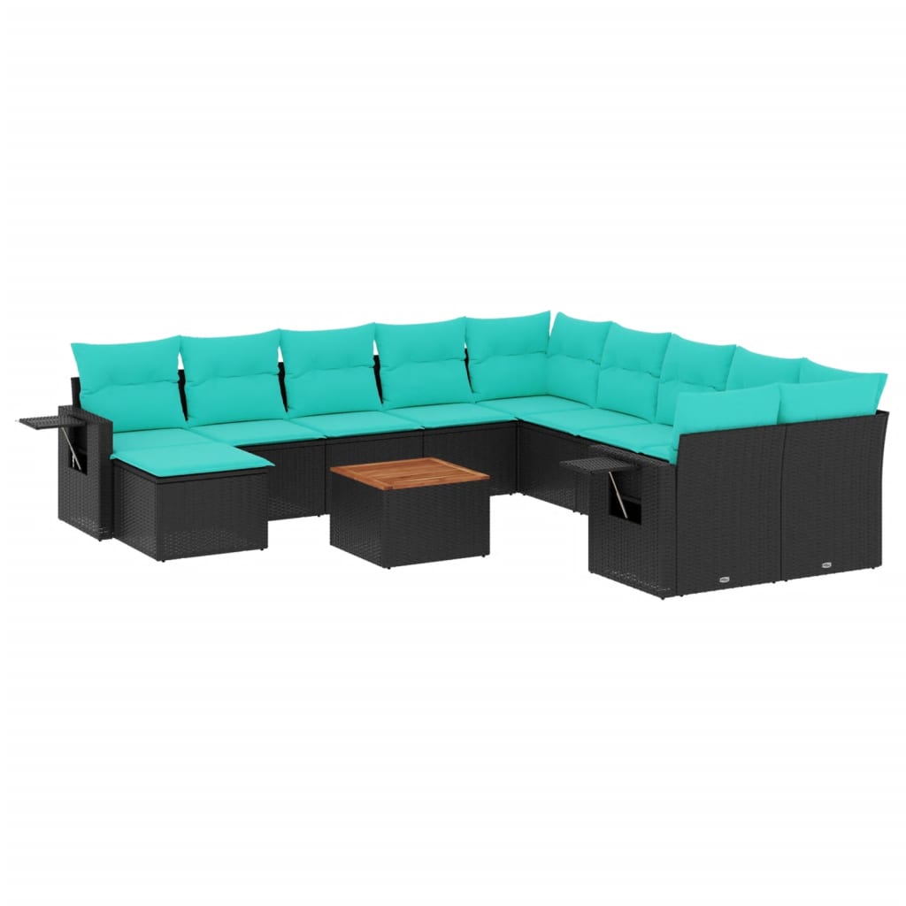 vidaXL 12-teiliges Gartensofa-Set mit Kissen, schwarzes Polyrattan