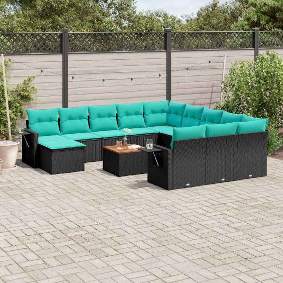 vidaXL 13-teiliges Gartensofa-Set mit Kissen, schwarzes Polyrattan