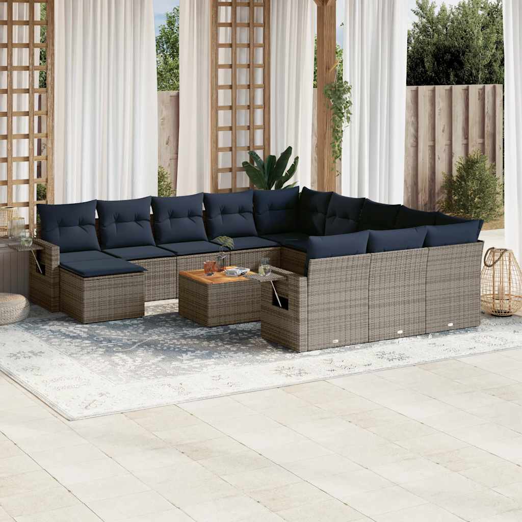 vidaXL 13-teiliges Gartensofa-Set mit Kissen, schwarzes Polyrattan