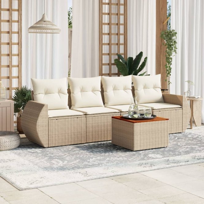 5-tlg. Garten-Sofagarnitur mit Kissen Schwarz Poly Rattan