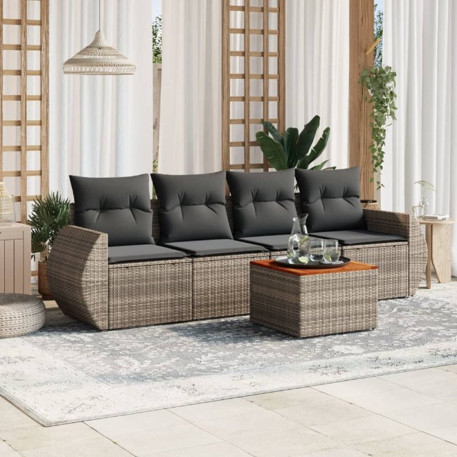 5-tlg. Garten-Sofagarnitur mit Kissen Schwarz Poly Rattan