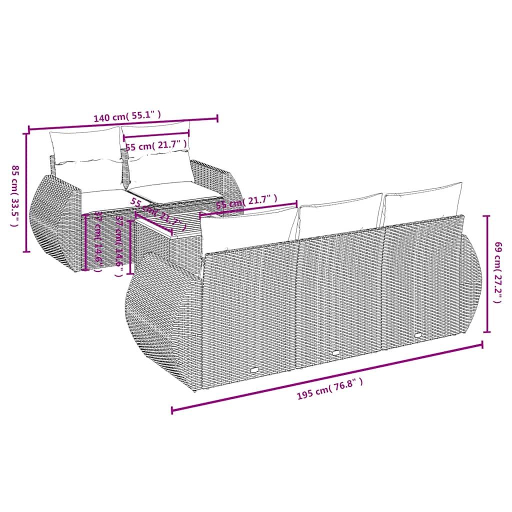 6-teiliges Gartensofa-Set mit Kissen, schwarzes Polyrattan