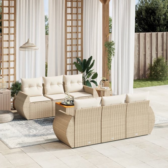 7-tlg. Garten-Sofagarnitur mit Kissen Schwarz Poly Rattan