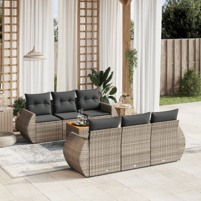 7-tlg. Garten-Sofagarnitur mit Kissen Schwarz Poly Rattan